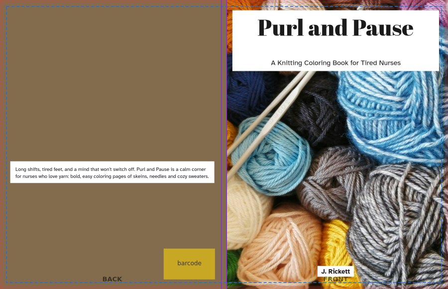 The cover studio: a full wraparound cover with KDP’s trim, safe-area, spine and barcode guide lines