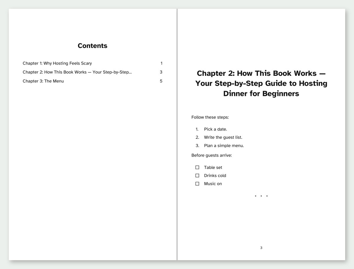 The interior studio: a contents page and a chapter page with numbered steps and a checklist